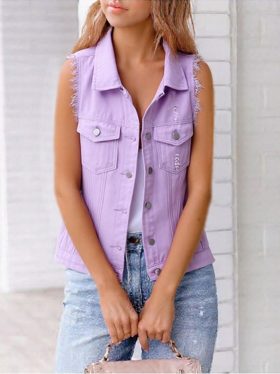 Full Size Button Down Raw Hem Sleeveless Denim Jacket Plus Size
