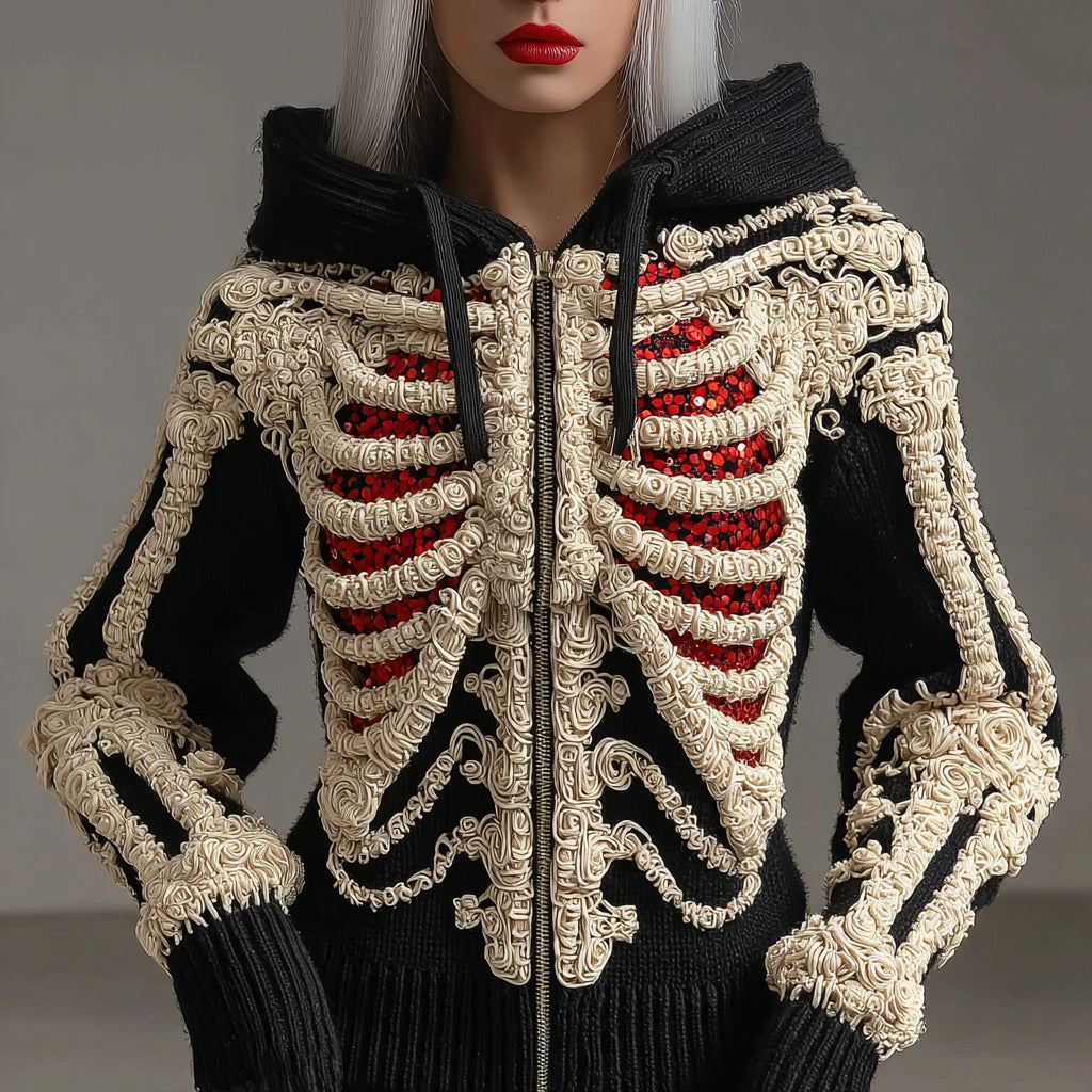 Halloween Skull Sequin Art Knit Zipper Hooded Sweater