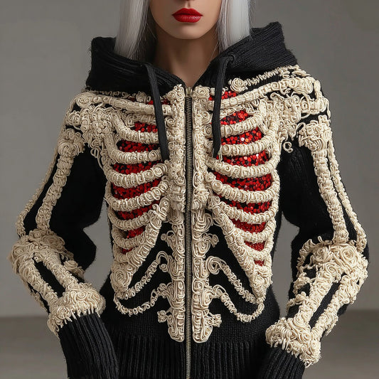 Halloween Skull Sequin Art Knit Zipper Hooded Sweater