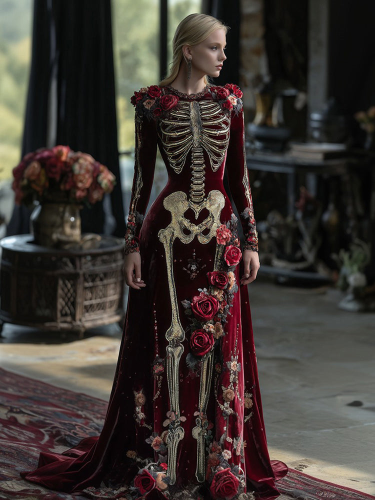 Women's Vintage Rose Skeleton Romantic Classic Velvet Maxi Dress