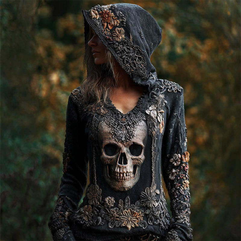 Vintage Skull Floral Beaded Slim Fit Hooded T Shirt