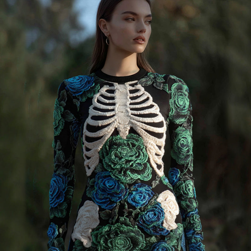 Women's Vintage Halloween Skeleton Bones With Rose Art Cozy Knit Mini Sweater Dress