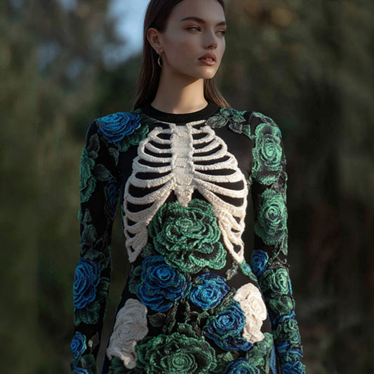 Women's Vintage Halloween Skeleton Bones With Rose Art Cozy Knit Mini Sweater Dress