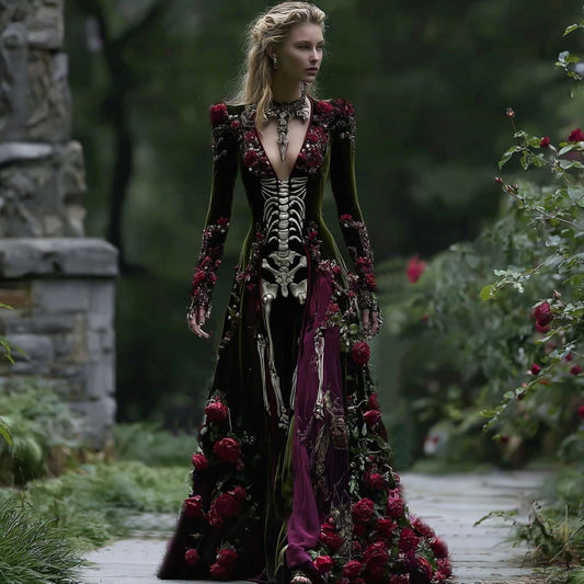 Women's Halloween Skeleton Patchwork Velvet V Neck Maxi Dress