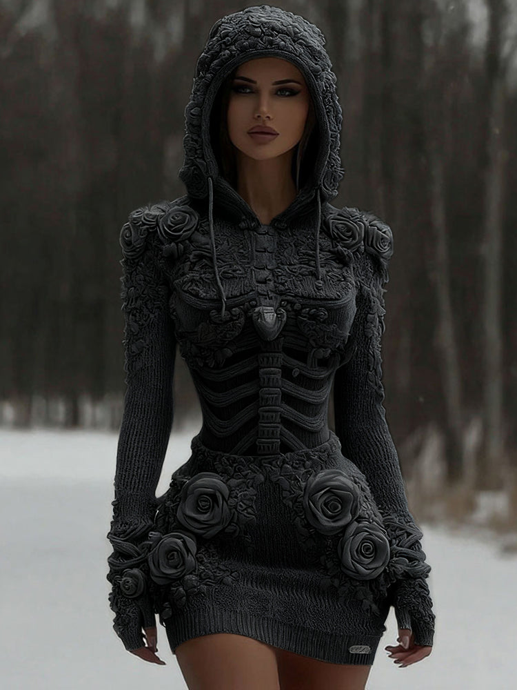 Women's Vintage White Rose And Skull Patchwork Knit Hooded Sweater