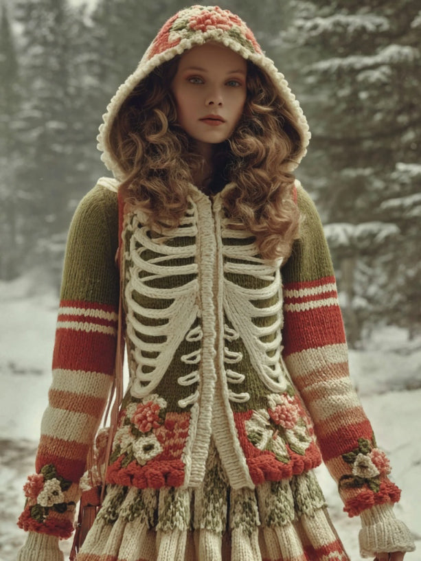 Women's Halloween Skeleton Pattern Knit Hooded Sweater Jacket