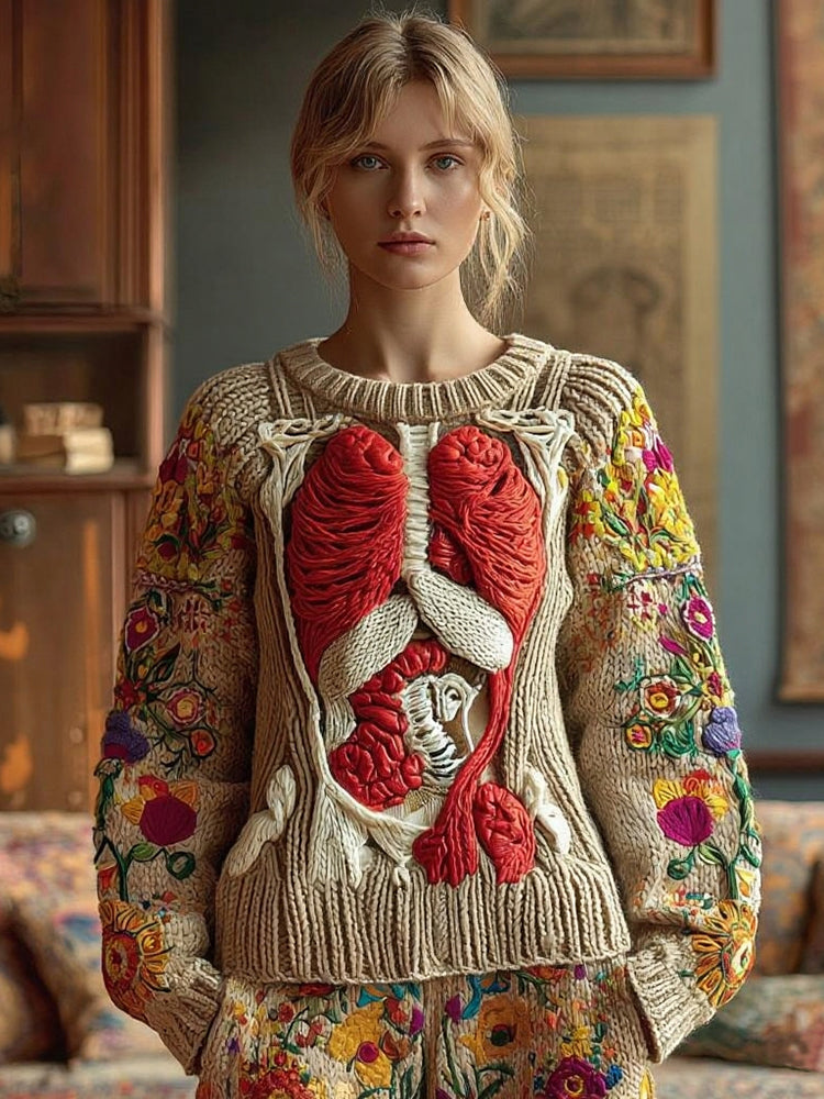 Women's Classic Halloween Anatomy Flower Art Cozy Knit Pullover Sweater