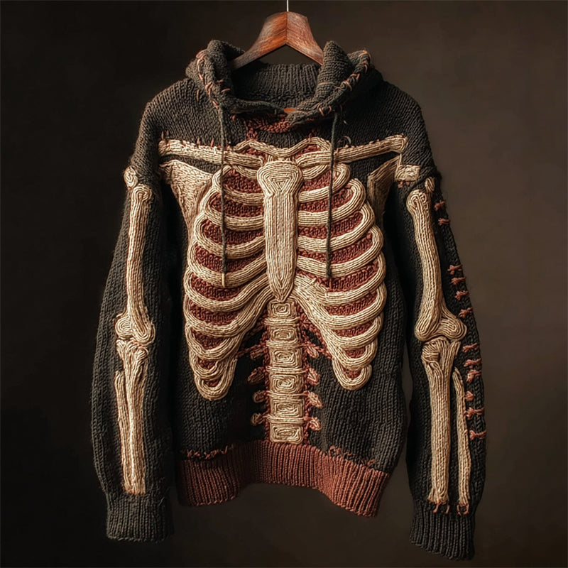 Halloween Skeleton Crochet Anatomy Cozy Knit Hooded Sweater