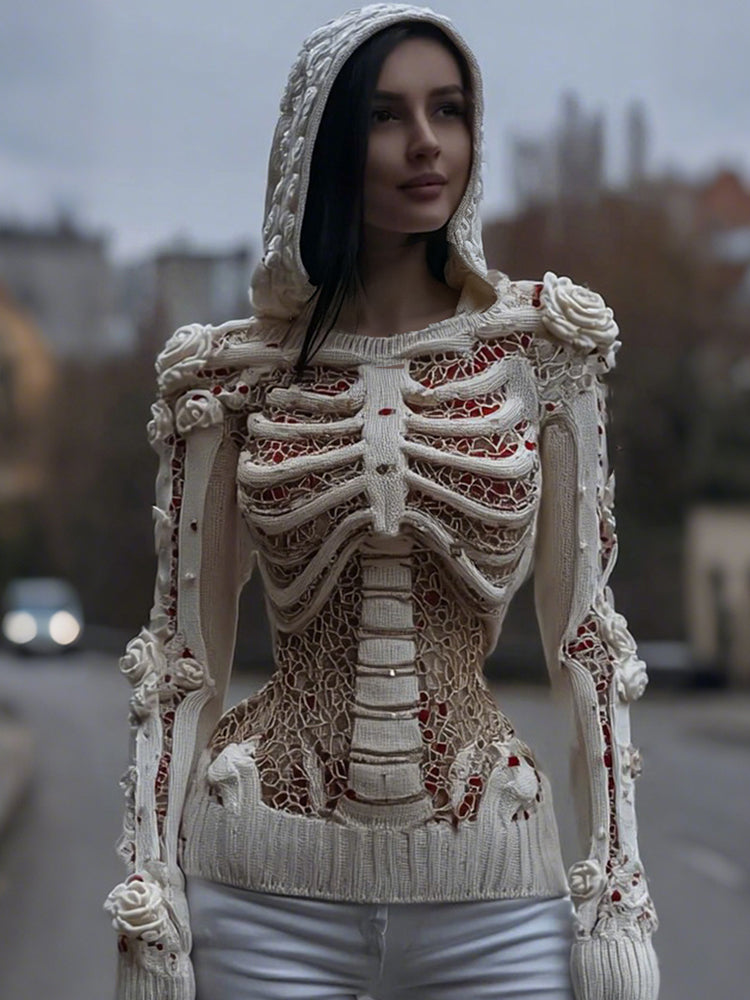 Women's Halloween Skull And White Rose Mesh Sweater