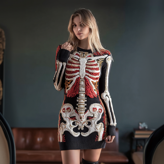 Halloween Human Anatomy Pattern Design Women's Round Neck Knit Sweater Dress