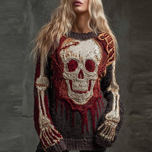 Halloween Skeleton Pattern And Bone Pattern Design Women's Round Neck Sweater