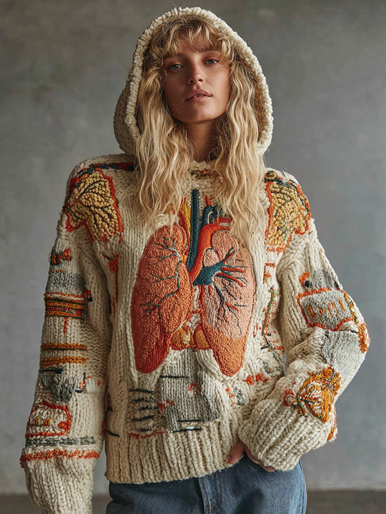 Vintage Halloween Anatomy Art Chunky Knitted Hooded Sweater