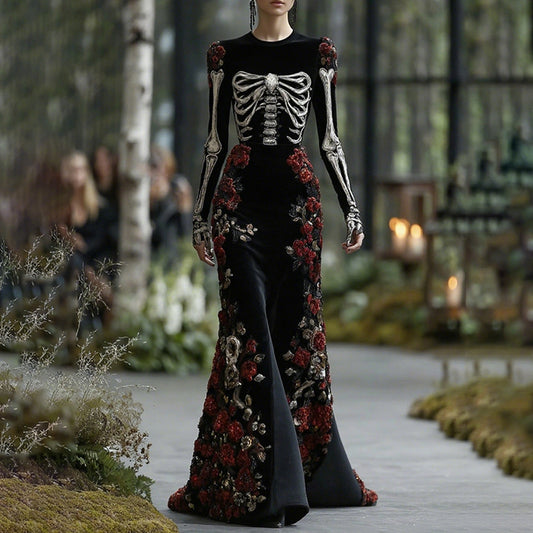 Women's Elegant Retro Rose Skull Pattern Round Neck Long Sleeve Maxi Dress