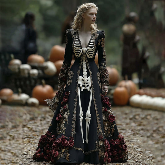 Women's Halloween Skull Rose Comfortable Elegant Velvet Maxi Dress