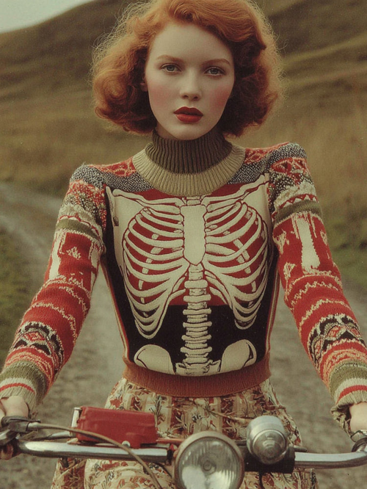 Women's Vintage Tribal Ribcage Skeleton Pattern Cozy Sweater