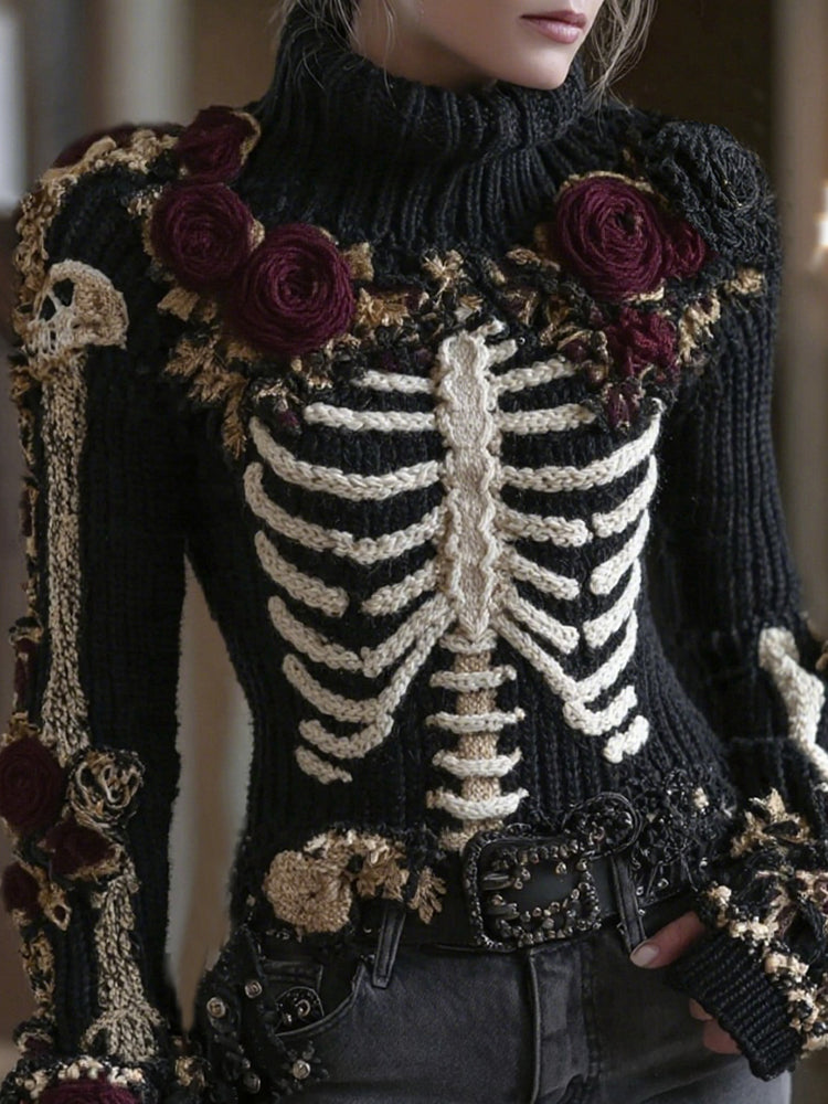 Women's Vintage Skeleton Rose Art Cozy Knit Turtleneck Sweater