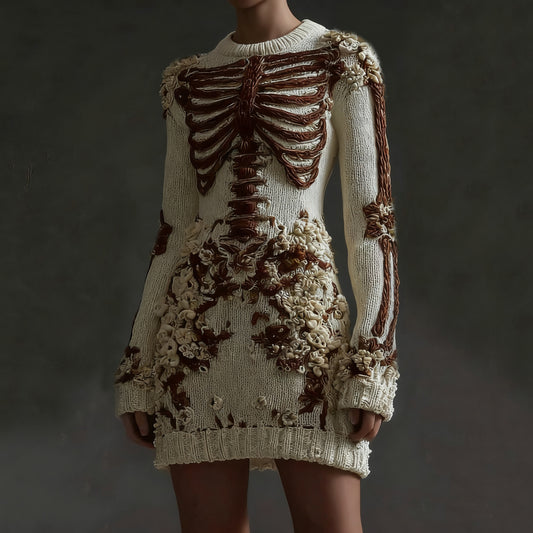 Women's Halloween Skeleton Flower Art Gothic Knitt Mini Sweater Dress