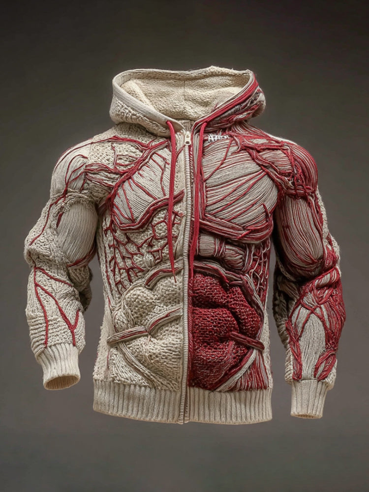Men's Anatomical Art Warm Chunky Knit Zip-up Sweater