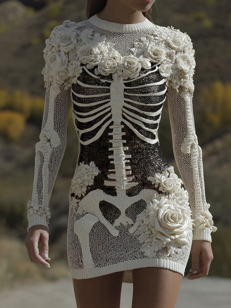 Women's Halloween Skull Anatomy Rose Art Round Neck Knit Dress