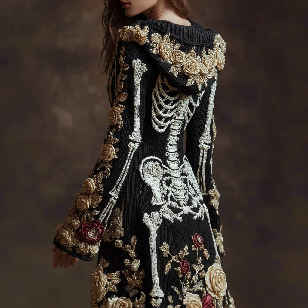 Classy Skeleton Roses Embroidered Hooded Sweater Cardigan