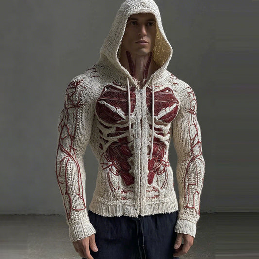 Men's Retro Contrast Skull Art Comfort Zip Hooded Sweater