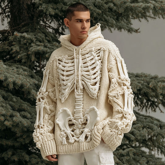 Men's Halloween Skeleton Art Knit Hooded Sweater
