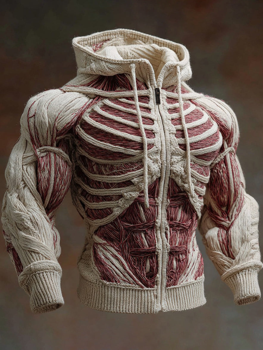 Men's Anatomical Art Warm Chunky Knit Zip-up Sweater