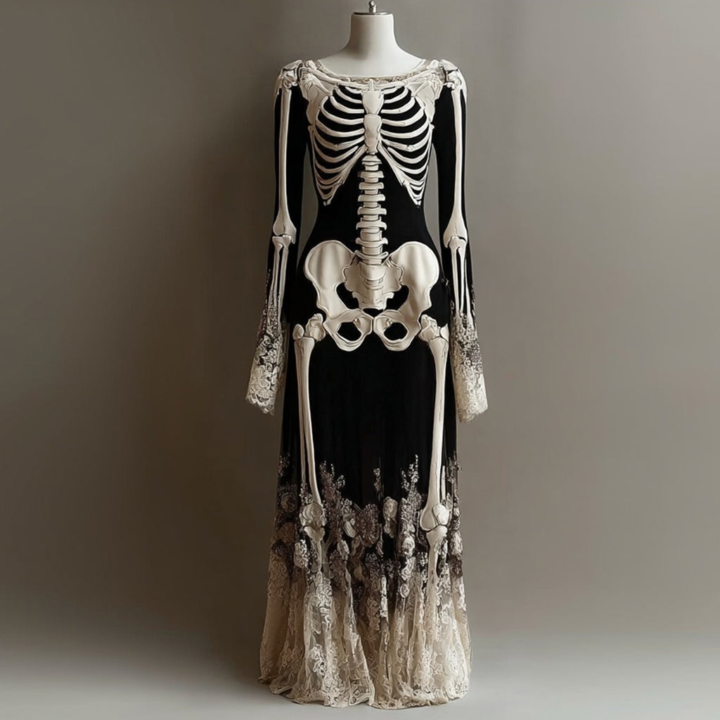 Classy Skeleton Roses Lace Patchwork Flowy Maxi Dress