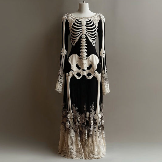 Classy Skeleton Roses Lace Patchwork Flowy Maxi Dress
