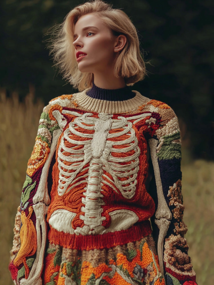 Vintage Halloween Human Anatomy Art Sense Thick Needle Round Neck Sweater