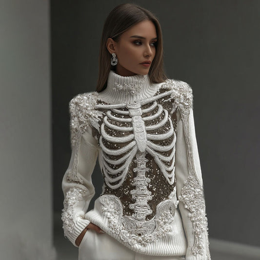 Women's Vintage Skeleton Sequins & Glitter Floral Art Cozy High Neck Sweater