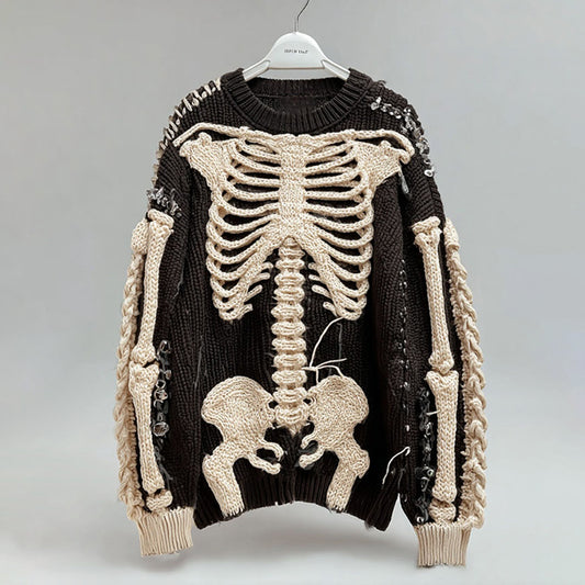 Women's Vintage Halloween White Black Skeleton Art Cozy Sweater