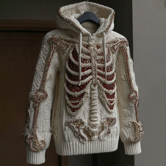 Women's Vintage White Skeleton Art Cozy Hooded Sweater