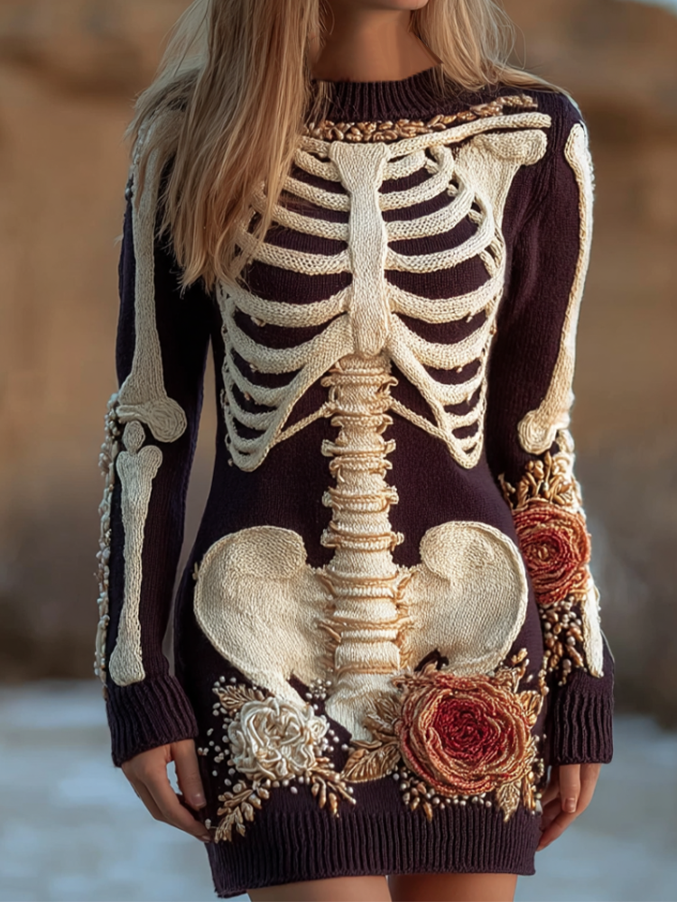 Halloween Human Anatomy Pattern And Flower Pattern Combined Design Women's Round Neck Knit Sweater Dress