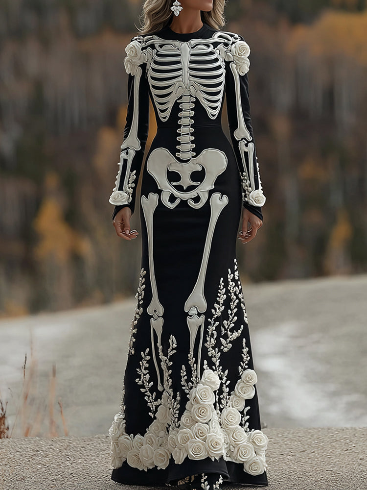 Women's Halloween Skeleton Bones With Rose Art Cozy Long Sleeve Maxi Dress