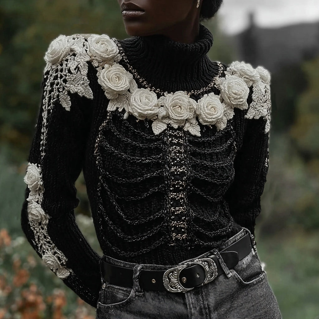 Classy Skeleton Roses Embroidered Cozy Turtleneck Sweater