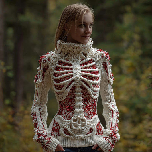 Women's Halloween Sequined Skull Cozy Knit Turtleneck Sweater