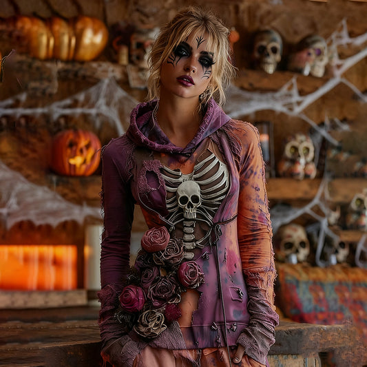 Women's Halloween Rose Skull Witch Cosplay Hoodie