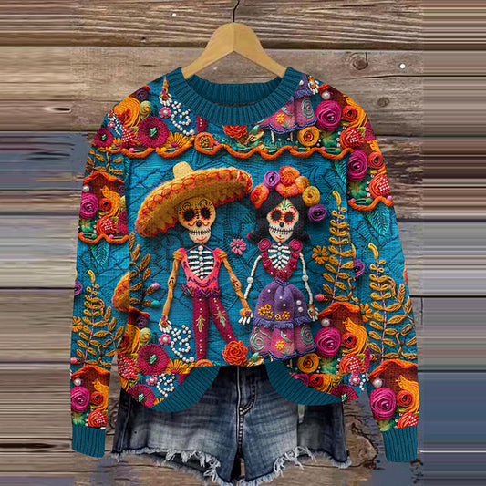 Mexican Festive Day Of The Dead Sugar Skeleton Couple Inspired Art Embroidery Art Print Knitted Pullover Sweater