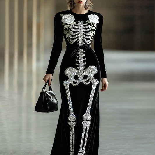 Women's Halloween White Rose Skeleton Velvet Crew Neck Maxi Dress