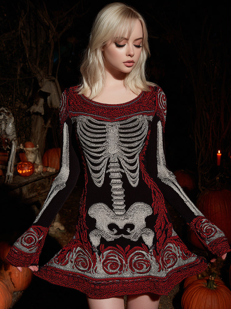 Women's Floral Skull Pattern Cozy Knit Mini Sweater Dress