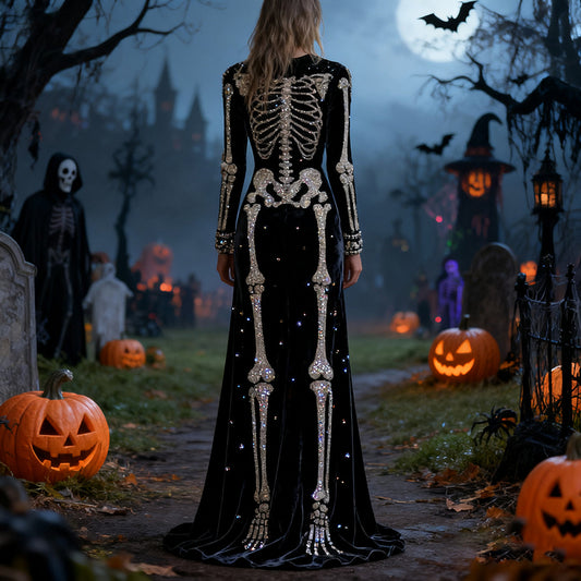 Women's Halloween Skull Sequined Velvet Crew Neck Maxi Dress
