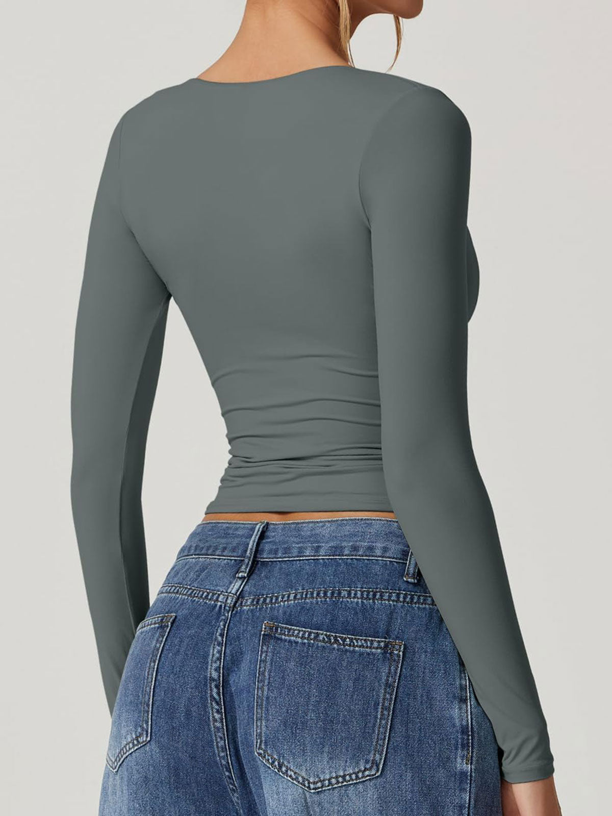 Long Sleeve V Neck T Shirts Double Lined Crop Top Seamed Cup Going Out Tops