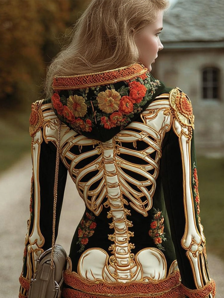 Women's Halloween Human Anatomy And Flower Art Embroidery Hoodie