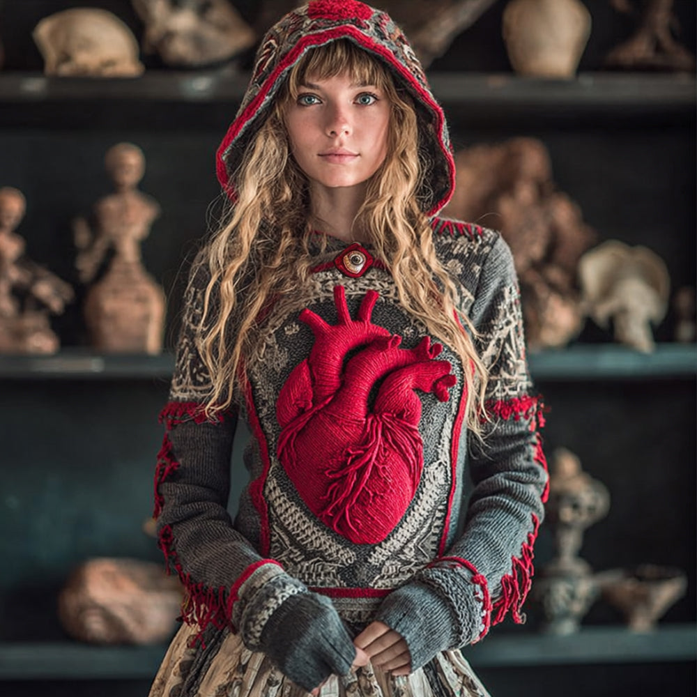 Women's Halloween Anatomy And Heart Art Grey Hooded Sweater