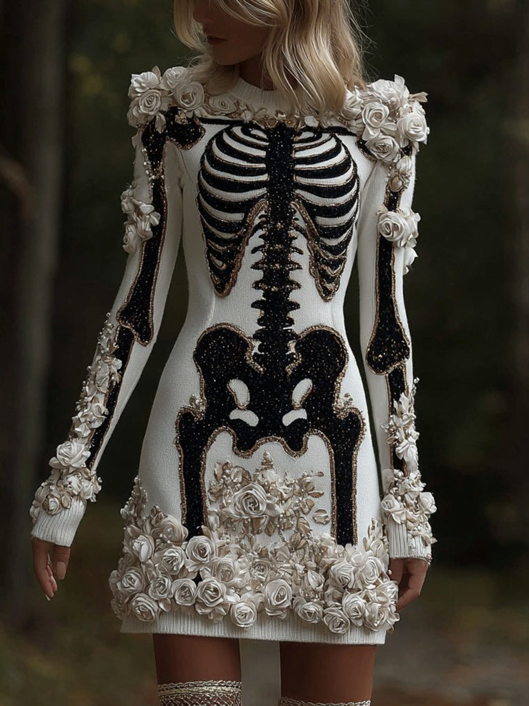 Classy Skull And Roses Art Cozy Knit Sweater Dress