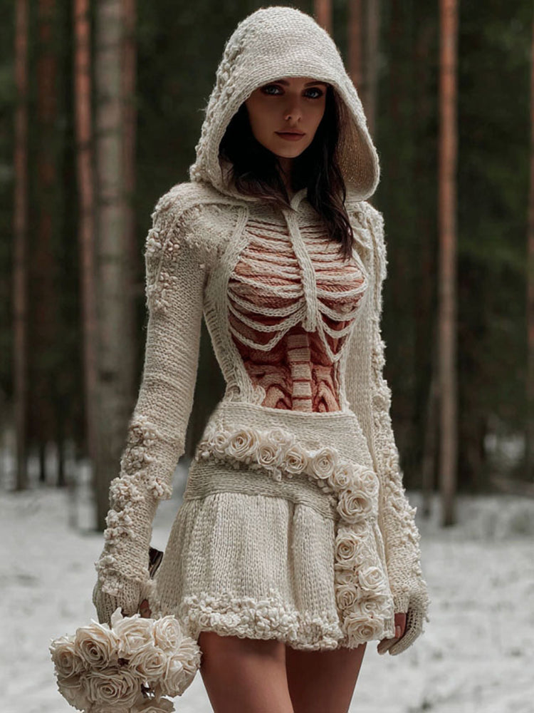 Women's Vintage Skeleton & White Floral Art Cozy Sweater Hooded Dress