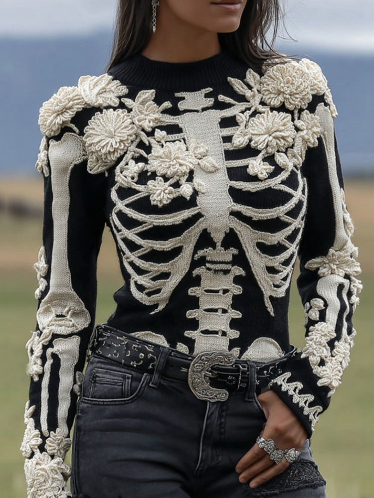 Women's Vintage Skeleton & Floral Crew Neck Art Cozy Sweater