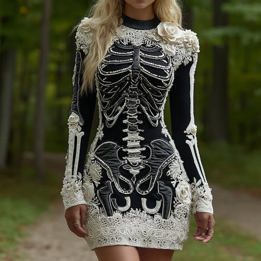 Women's Halloween Skeleton Bones Leather With Rose Pattern Art Hot Sexy Style Cozy Knit Mini Sweater Dress