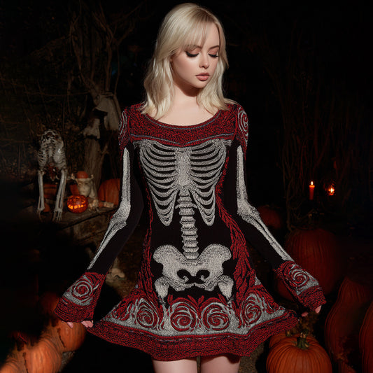 Women's Floral Skull Pattern Cozy Knit Mini Sweater Dress